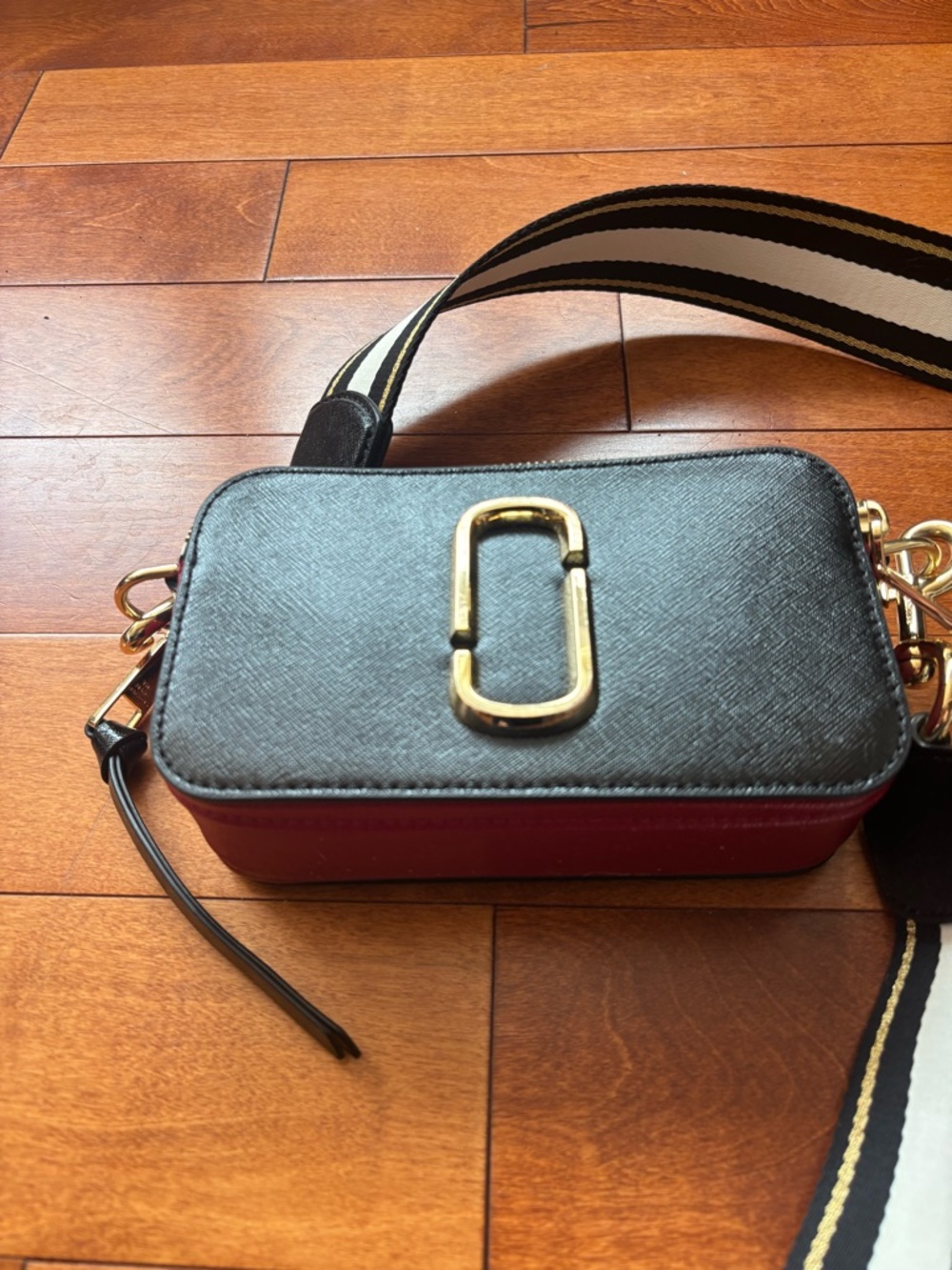 Marc Jacobs Black and Red Crossbody with Gold Hardware and Striped Strap